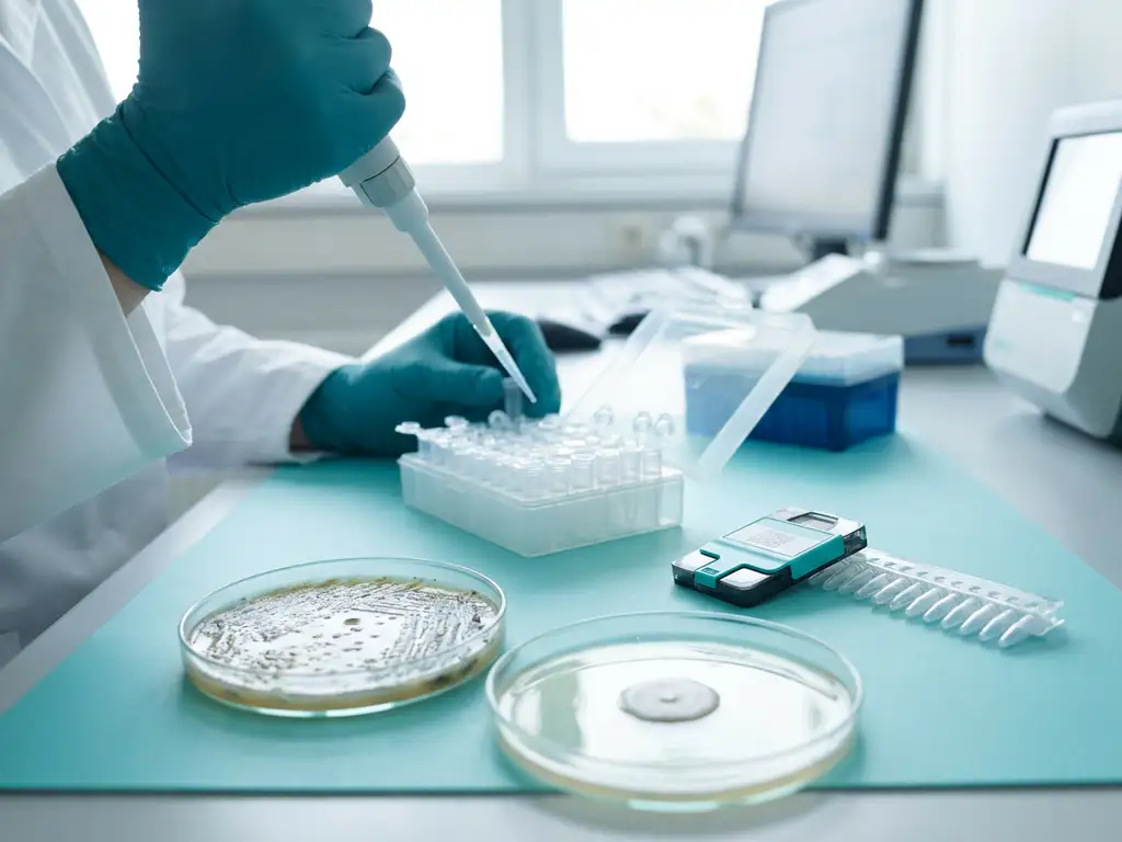 Gloved scientist pipetting microbial samples beside Petri dishes, PCR tubes, and sequencer cartridge on a modern lab bench