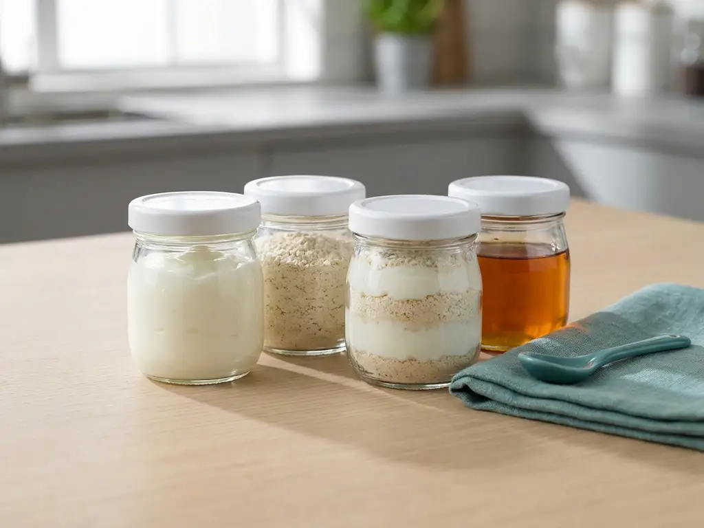 Four glass jars with white lids holding yogurt, oat fiber, layered mix, and amber liquid on a modern kitchen tabletop with teal accents