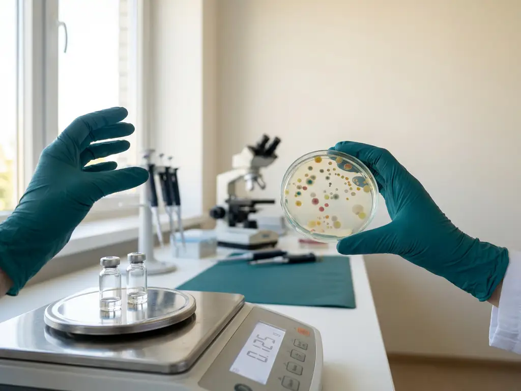 Gloved scientist holds petri dish of microbiome colonies as lab balance weighs sealed vials on preclinical bench