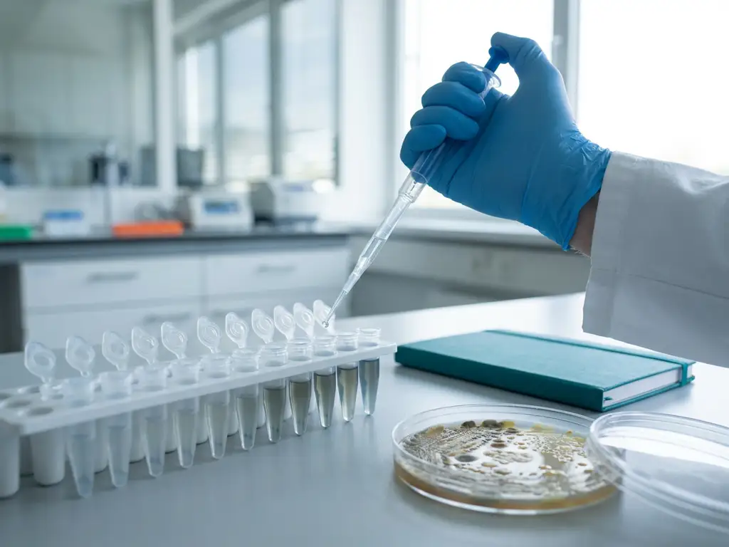 Gloved scientist pipetting into microcentrifuge tubes in dose gradient beside petri dish gut microbiome culture and teal notebook