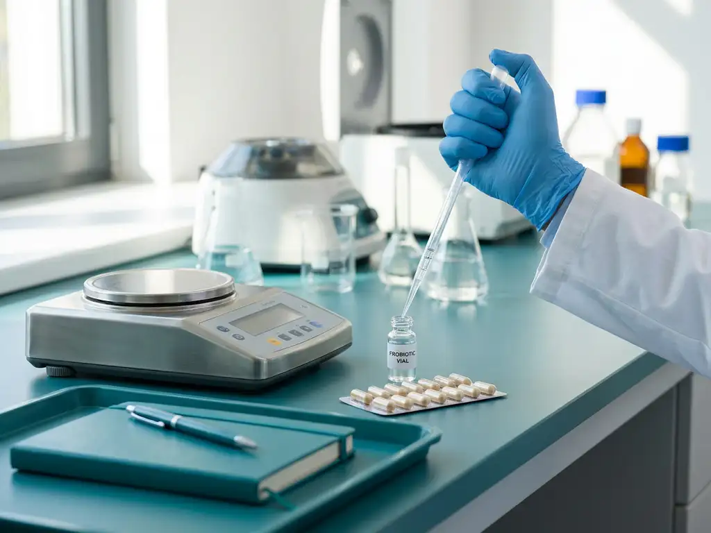 Gloved researcher pipetting clear liquid into vial beside probiotic capsules and analytical balance on clinical trial lab bench