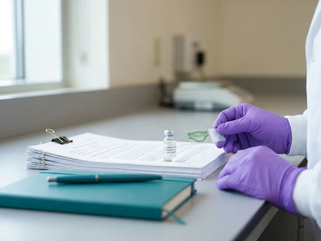 Gloved regulatory scientist holds plant tissue microscope slide beside pesticide vial on lab bench with reports and teal notebook