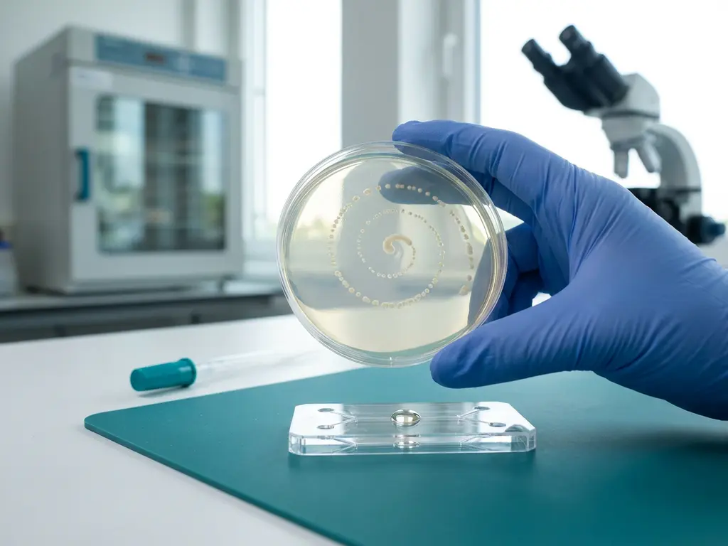 Gloved researcher holds petri dish of agar colonies above organoid-on-a-chip microfluidic device on lab bench with pipette