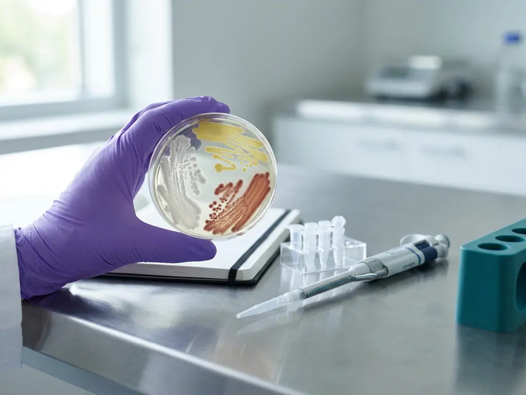 Gloved scientist holding petri dish with three bacterial colonies; pipette, microtubes, and #2c777a lab accent on bench