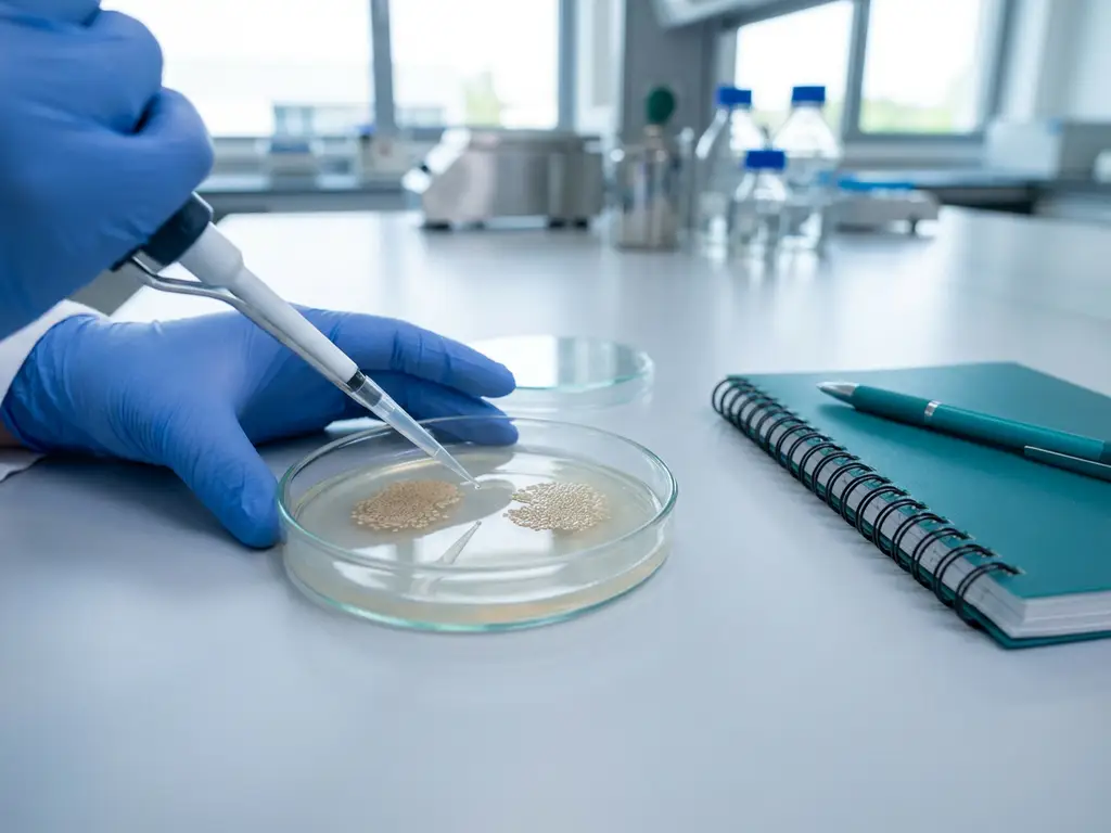 Petri dish with bacterial colonies as gloved hands sample with pipette on lab bench, teal notebook and pen nearby