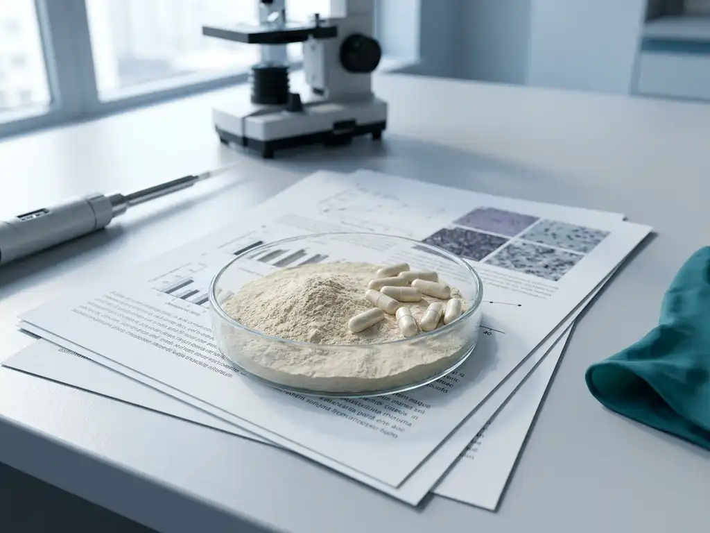 Glass petri dish with beige powder on scientific study pages, lab pipette and microscope blurred on clean bench in daylight