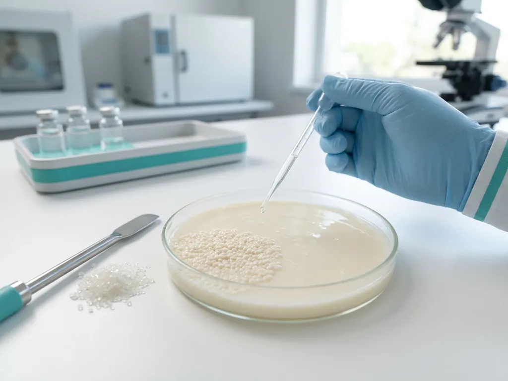 Petri dish with yogurt-like bacterial culture and bead colonies, gloved hand pipetting beside fiber granules in lab