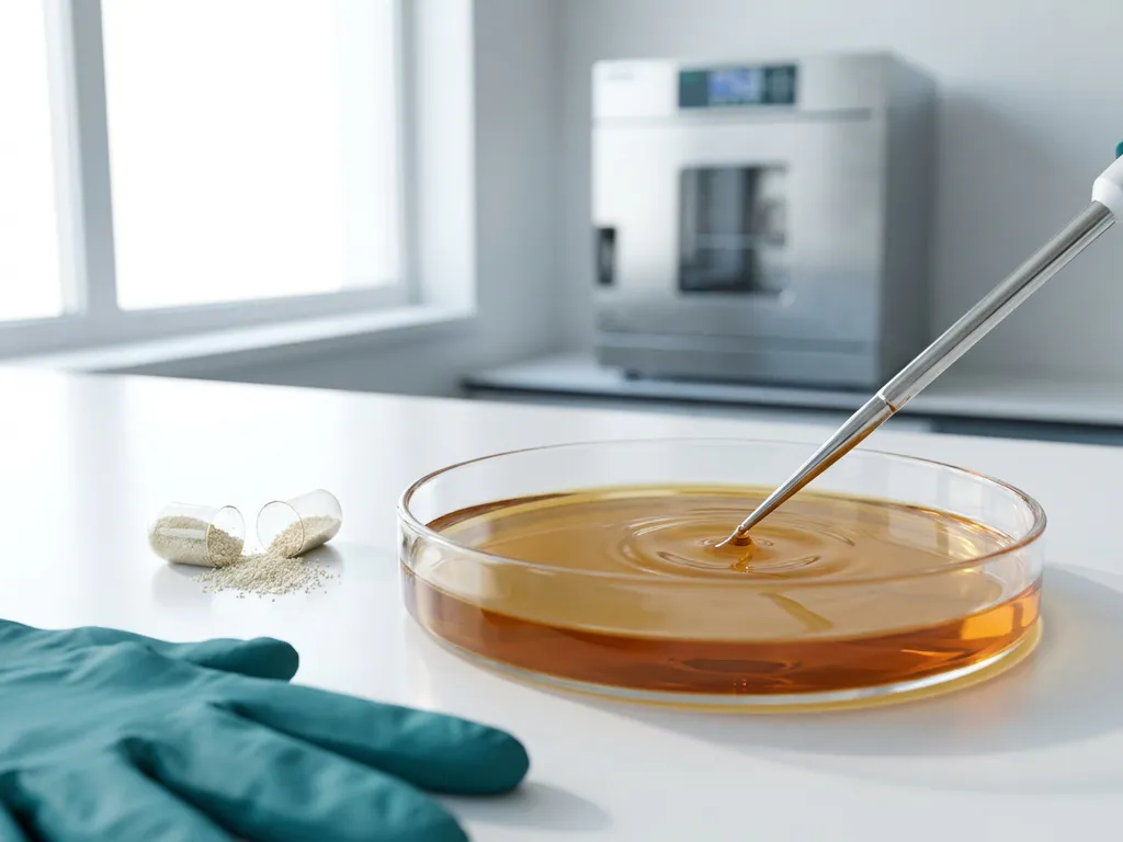 Petri dish with amber bile-like fluid and pipette ripple, cracked probiotic capsule powder on microbiology lab bench