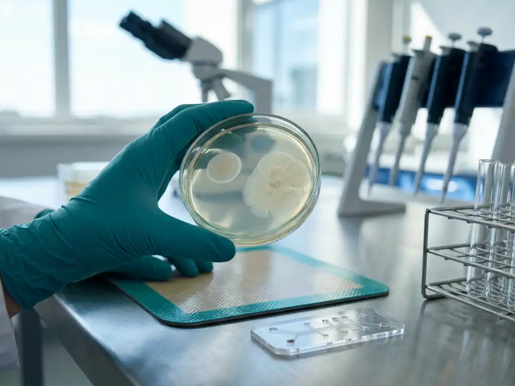 Lab technician holds petri dish with two probiotic colony types on agar, microfluidic chip and test tubes nearby