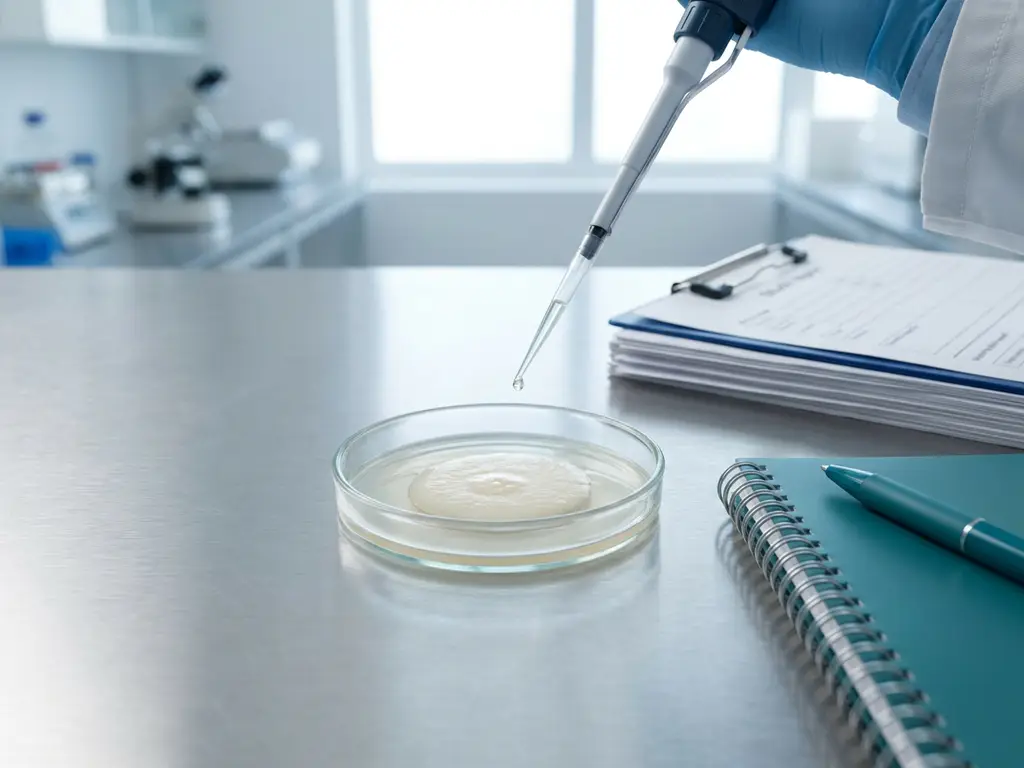 Gloved researcher pipetting probiotic culture into a petri dish on a stainless lab bench, teal notebook nearby