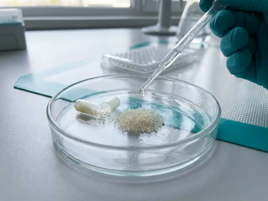 Pipette droplet over petri dish with probiotic microbeads from capsule on sterile lab bench, 96-well plate blurred