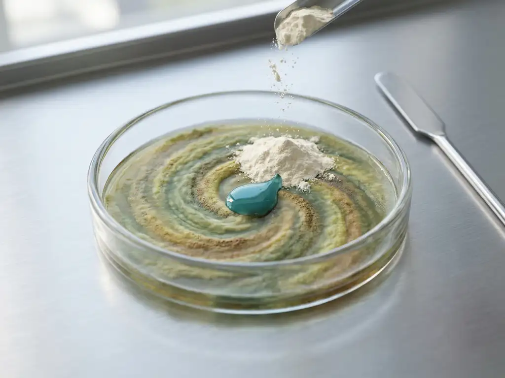 Petri dish with multicolored microbial culture spiral as probiotic powder and teal droplet merge on lab countertop