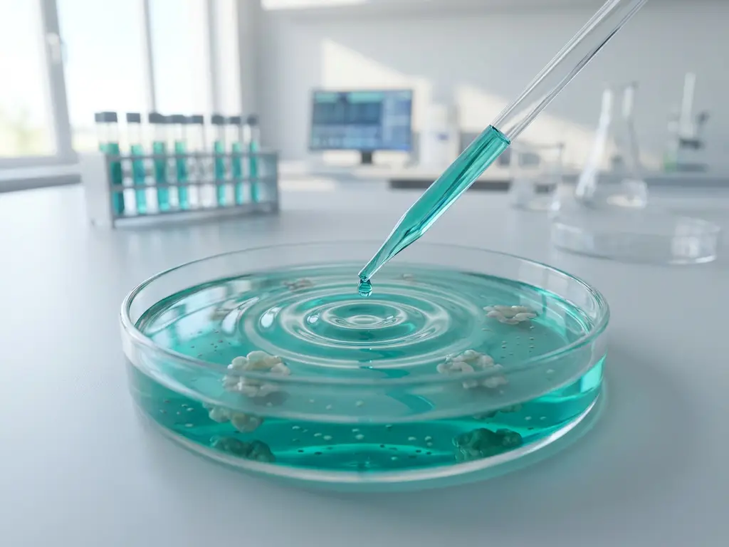 Pipette drop rippling in teal liquid petri dish with organoid tissue and microbiome colonies on lab bench, metabolomics gear blurred