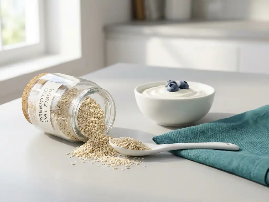 Prebiotic fiber granules in tipped glass jar on white spoon, yogurt with blueberries behind, teal linen napkin on countertop