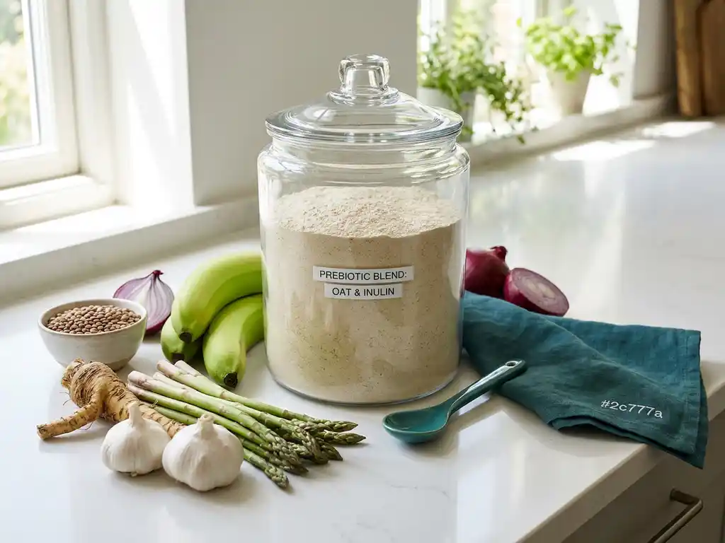 Glass jar of oat fiber and inulin powder with prebiotic foods on kitchen counter in natural light, teal linen napkin