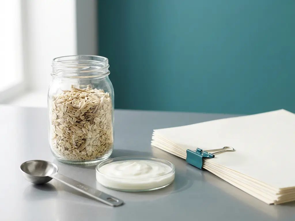 Glass jar of oat fiber and chicory root beside yogurt in a petri dish on a clean lab tabletop with teal accent wall