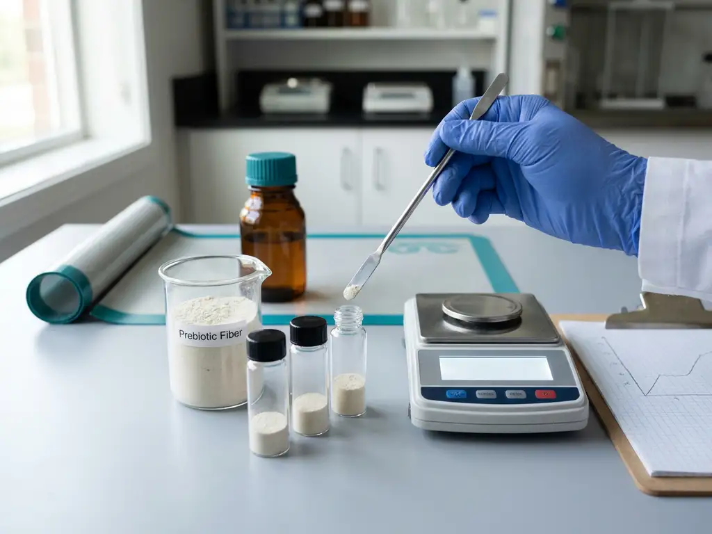 Glass beaker of prebiotic fiber dosing three sample vials on lab bench with digital scale, gloved hand, clipboard chart
