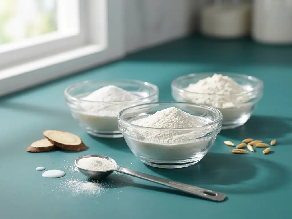 Three glass bowls of white prebiotic powder with a stainless measuring spoon on teal surface, chicory and oats nearby