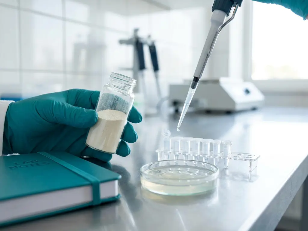 Food-science researcher holds vial of prebiotic powder as micropipette fills microtubes on lab bench beside petri dish