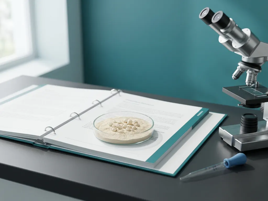 Petri dish of prebiotic powder on EU regulatory binder with microscope and pipette on teal lab desk, preclinical testing