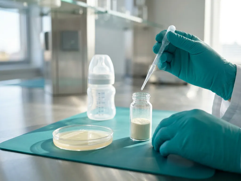 Gloved lab technician pipetting above vial of prebiotic powder beside petri dish and baby bottle on teal lab mat
