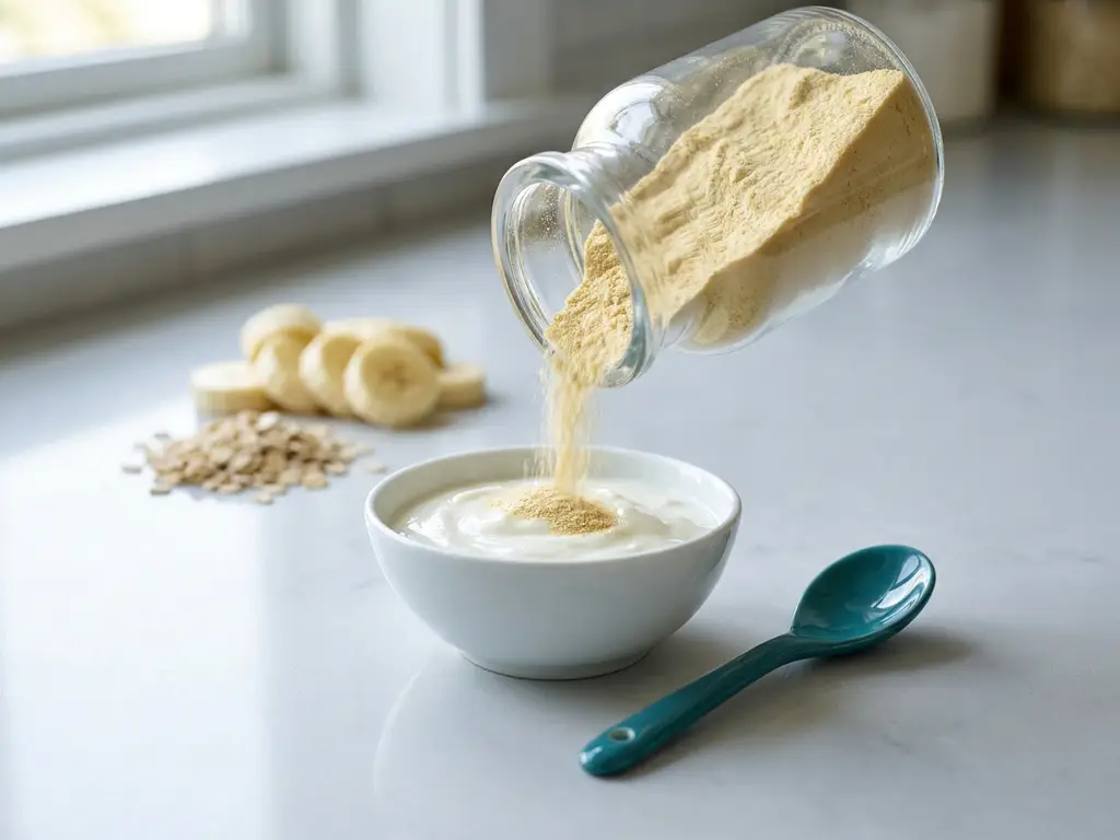 Prebiotic powder poured from glass jar into yogurt bowl on lab-style counter, teal spoon beside, banana and oats blurred