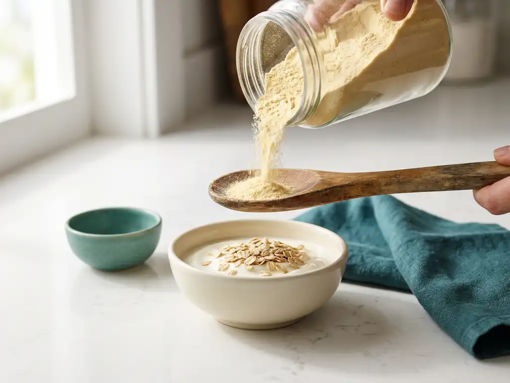 Prebiotic powder pouring from glass jar onto wooden spoon beside yogurt with oat flakes, teal bowl and linen on bright counter