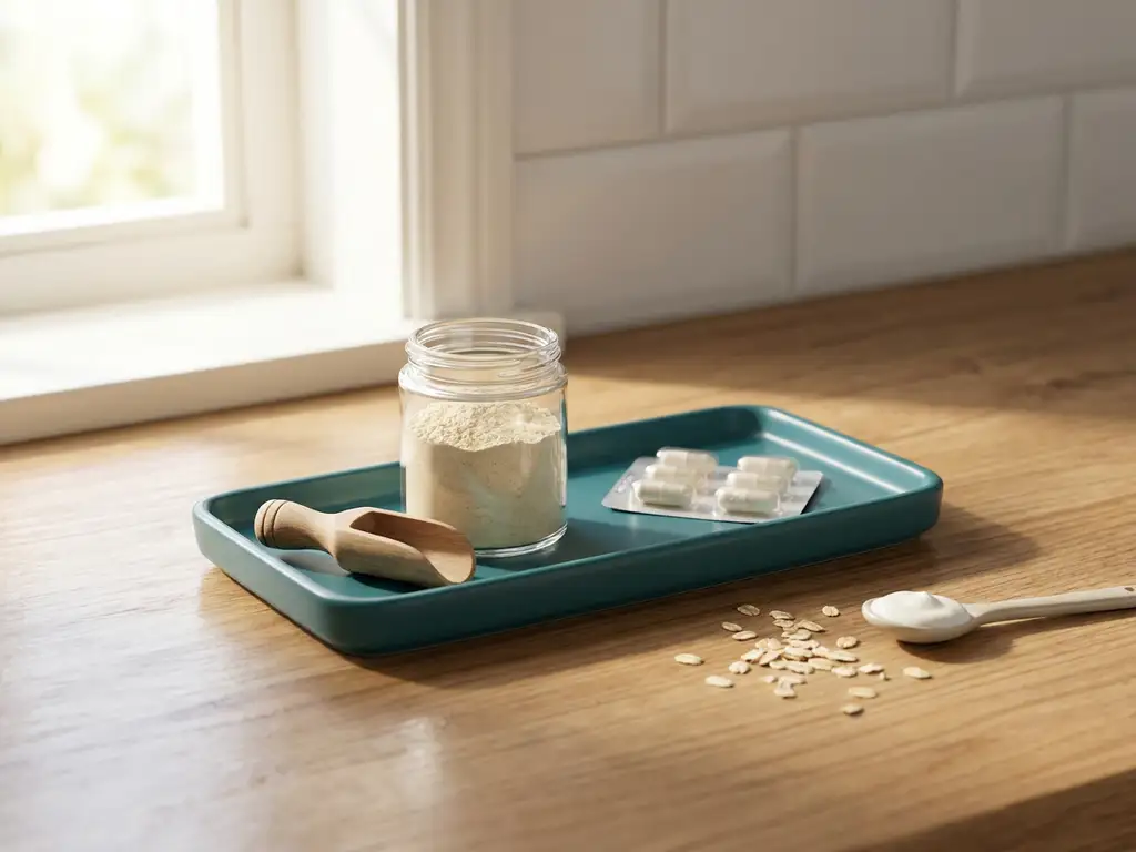 Glass jar of prebiotic powder and probiotic capsules on teal tray, with oat flakes and yogurt on a sunlit kitchen counter
