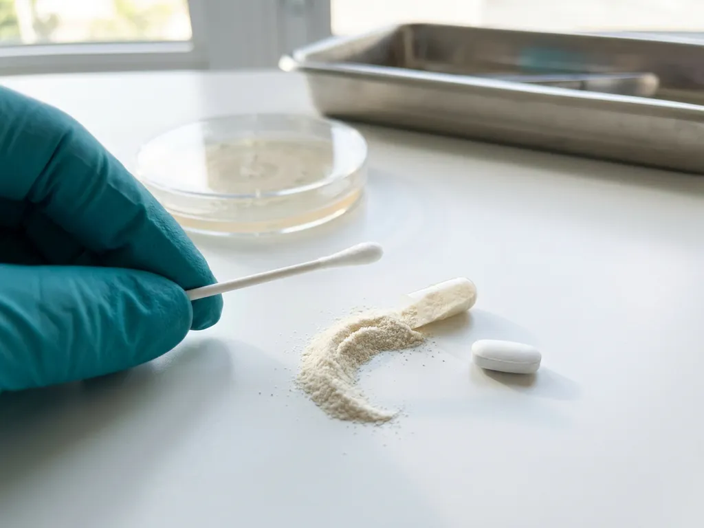 Gloved hand holds sterile swab by spilled probiotic capsule and antibiotic pill on lab counter, petri dish in background