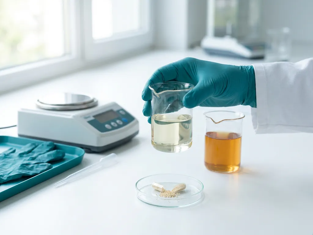 Gloved hand holds beaker of simulated gastric fluid beside intestinal fluid; capsule releases probiotic granules in petri dish