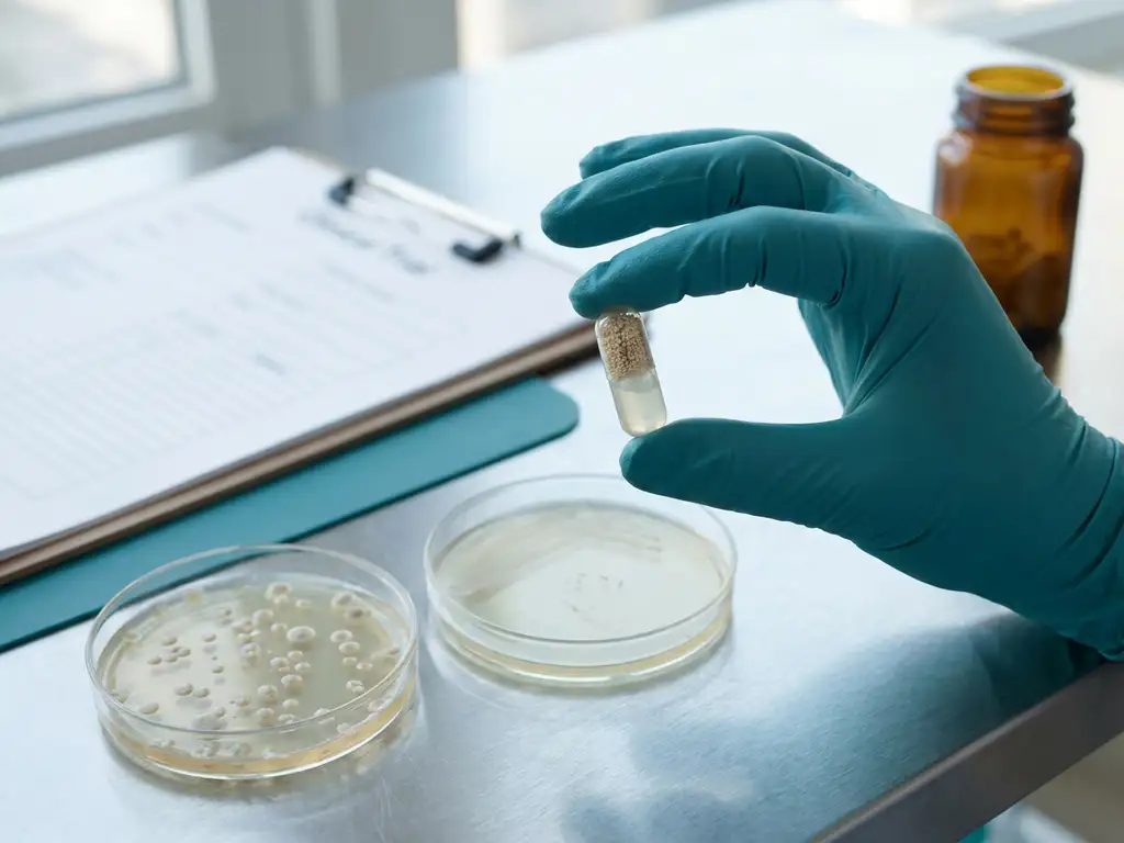 Gloved hand holds clear probiotic capsule dissolving in liquid above lab bench, petri dishes show thriving vs sparse colonies
