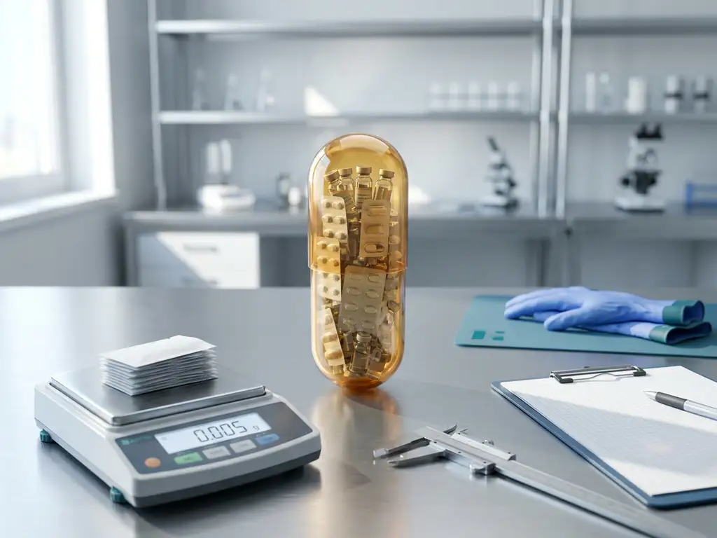 Amber probiotic capsule filled with blister packs and vials on lab bench, with digital scale and sample envelopes in foreground