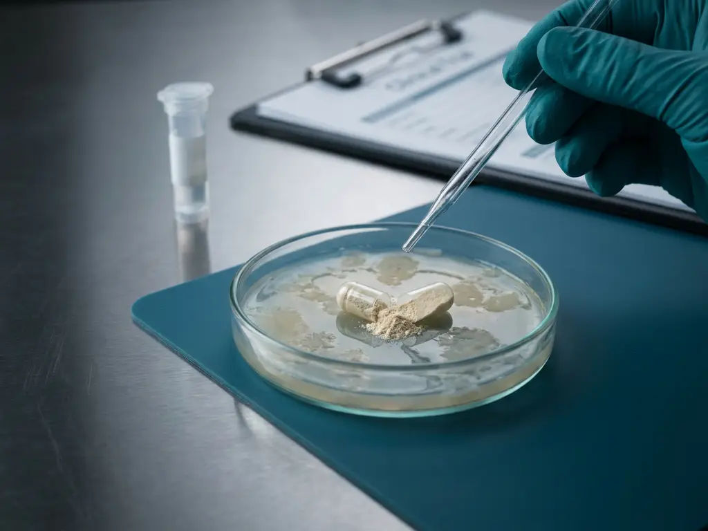 Probiotic capsule powder in petri dish with stalled patchy culture, gloved hand pipetting in sterile lab close-up