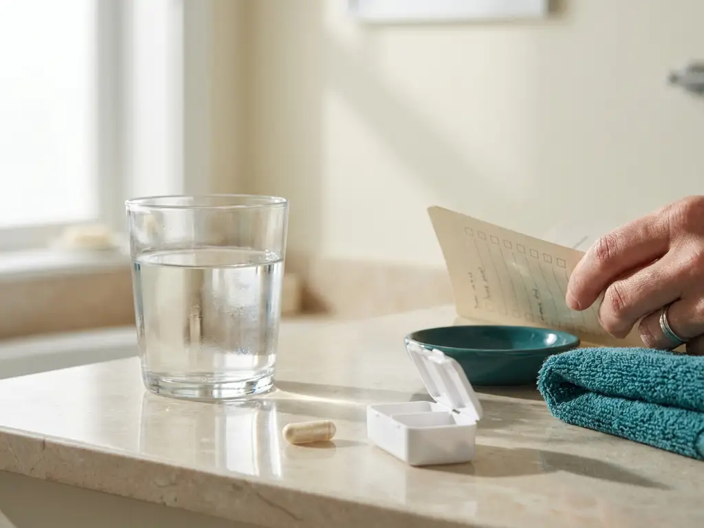 Glass of water and probiotic capsule on bathroom counter beside pill organizer, hand holding daily journal checklist in morning light