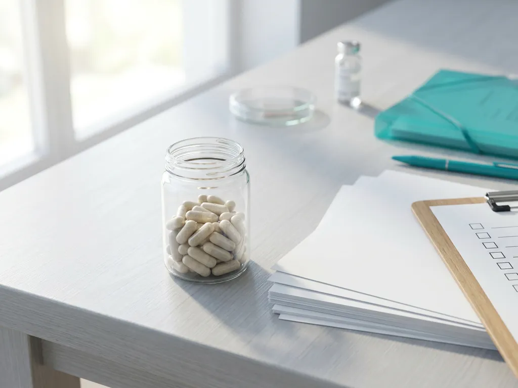 Glass jar of probiotic capsules on clinical research desk with lab reports, clipboard, petri dish, teal folder and pen.