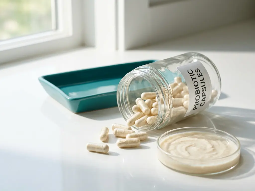 Probiotic capsules spilling from a glass jar beside a petri dish of yogurt culture on a white counter, teal accent in daylight