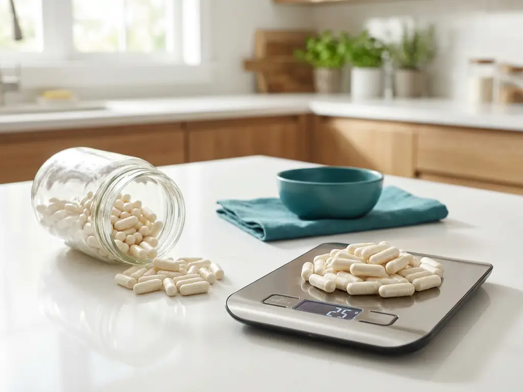 Probiotic capsules spilled from a glass jar into two piles by a kitchen scale on a white counter, teal bowl nearby