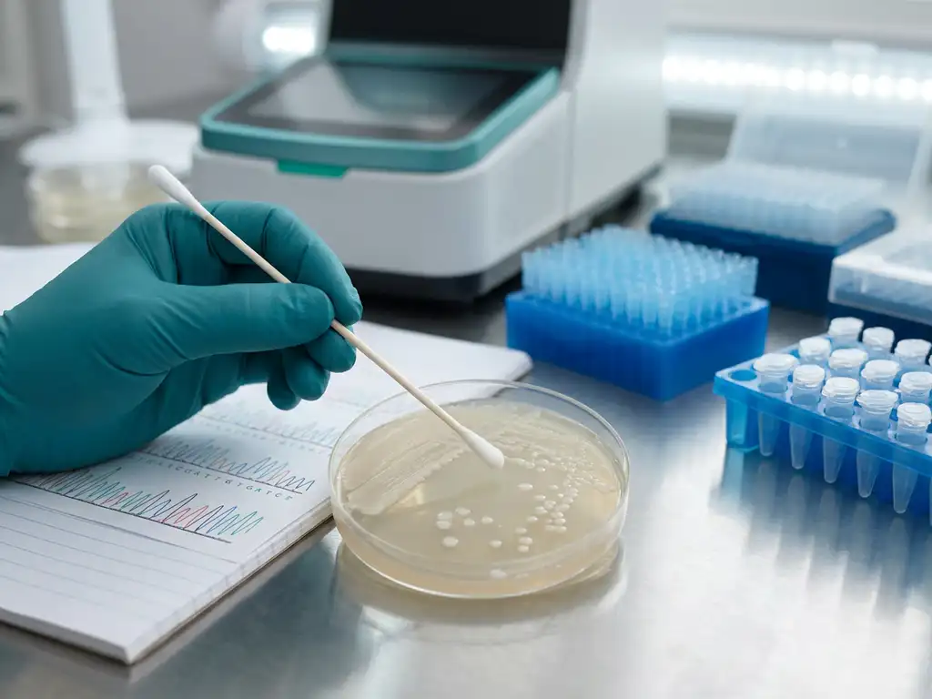 Gloved researcher swabs probiotic colonies in petri dish beside DNA chromatogram, lab bench with benchtop sequencer blurred.