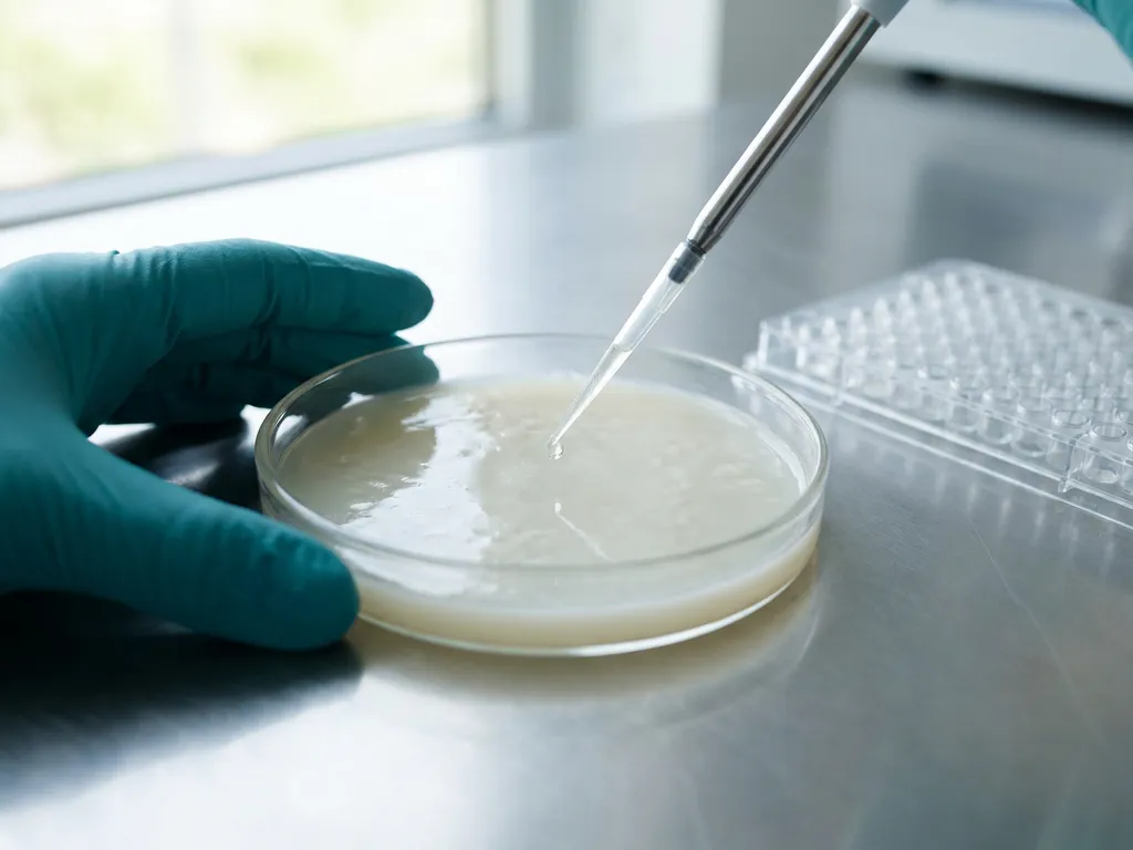 Micropipette dispensing a droplet into a probiotic culture petri dish on a lab bench, gloved hand steadying it