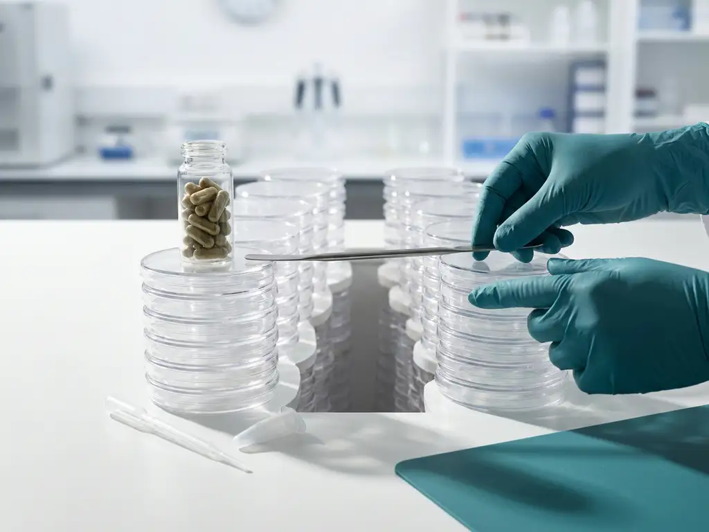 Probiotic capsules vial by a petri dish valley on a lab bench, pipette and spatula bridge in modern microbiology lab