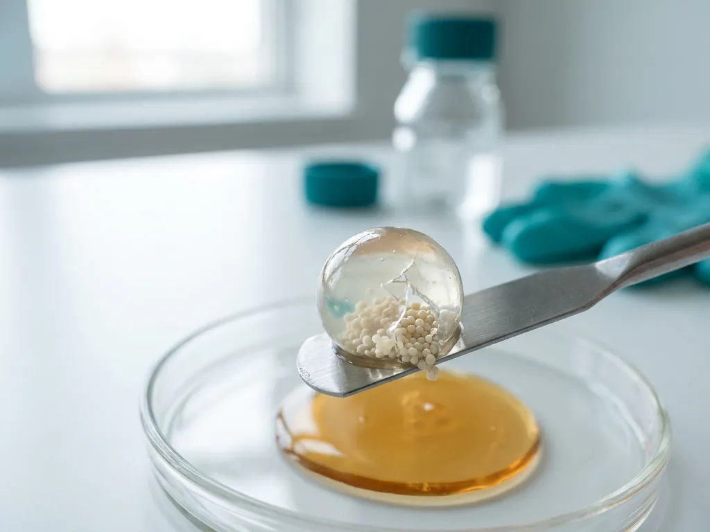 Cracked translucent probiotic microcapsule on lab spatula, granules inside, amber fluid in dish, clinical macro photo