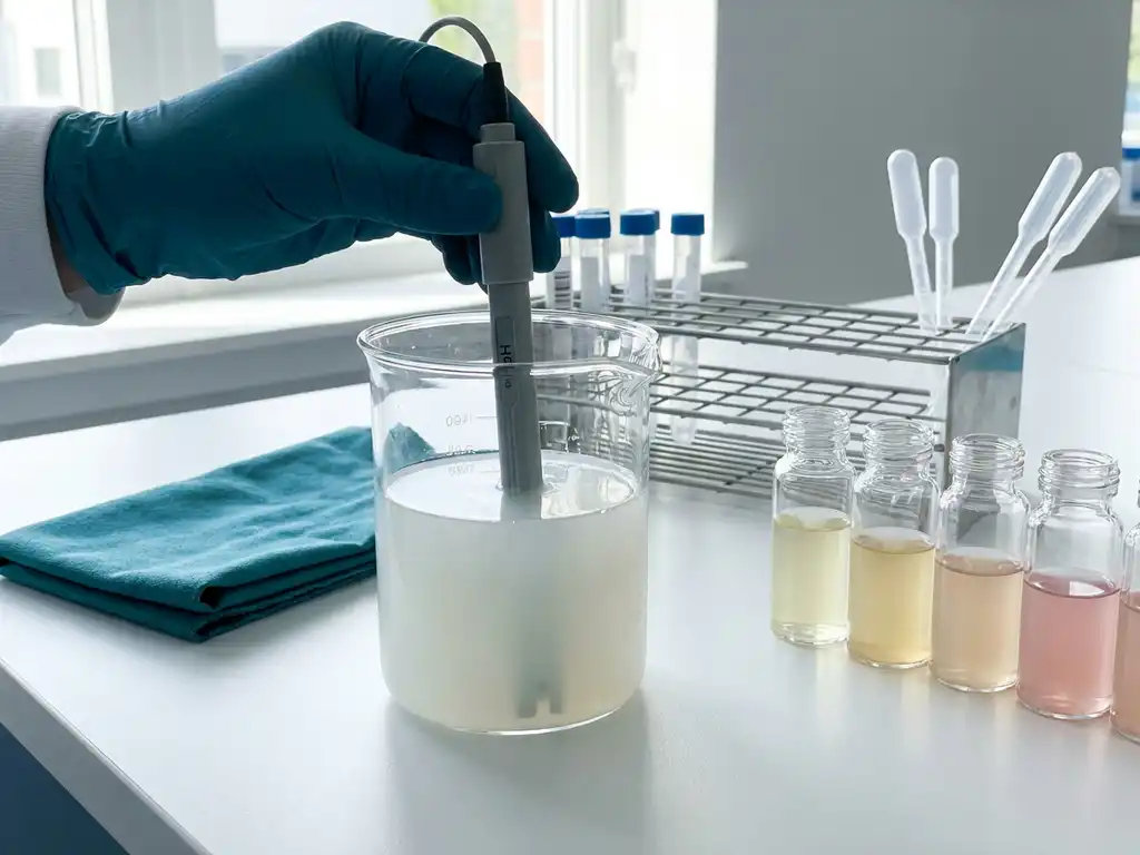 Glass beaker of milky probiotic suspension with pH probe, buffer vials in lab bench, teal gloves, bright clinical light
