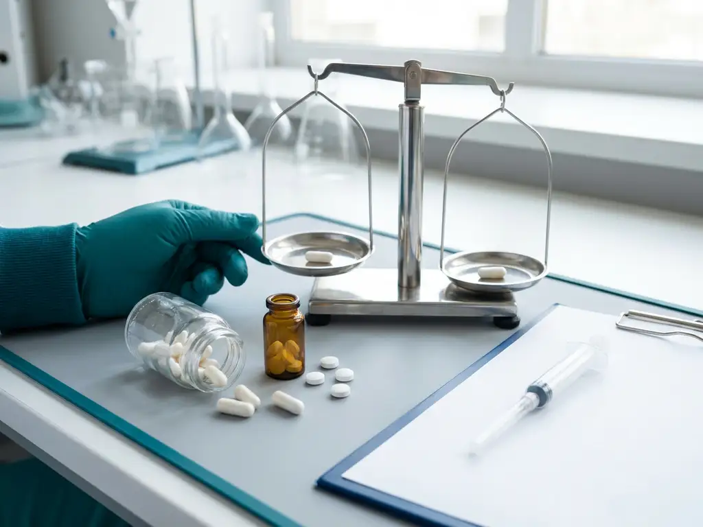 Balance scale comparing probiotic capsule and placebo on lab bench, spilled capsules, gloved hand steadying scale