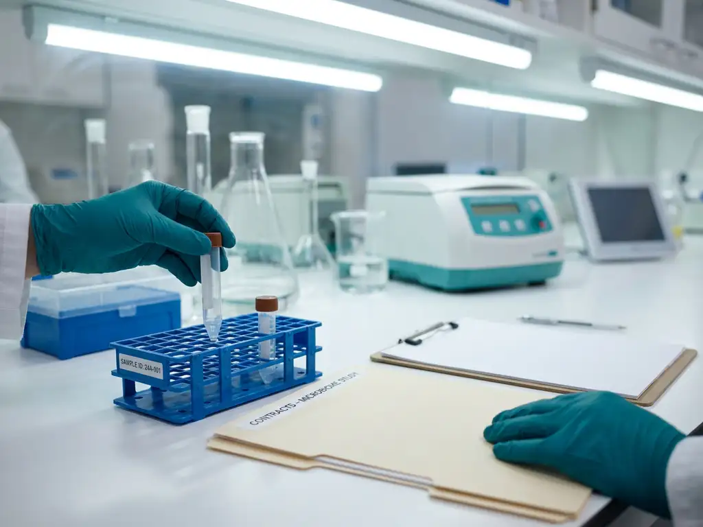 Stool sample collection tube placed in labeled rack by gloved hands on microbiome lab bench, clipboard and folder nearby