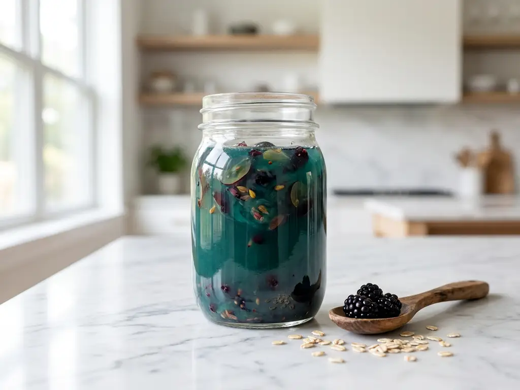 Glass jar of deep teal berry polyphenol drink with swirling fruit fragments on marble counter, spoon of dark berries nearby