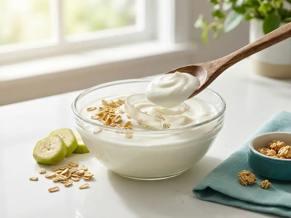Glass bowl of creamy yogurt with spoon swirl, oat fiber gel and banana slices, probiotic clusters on white countertop in morning light