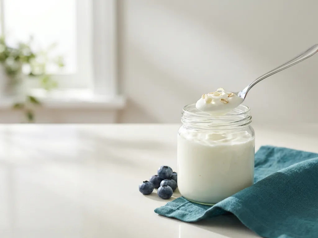 Glass jar of creamy yogurt with spoon swirl showing probiotic capsules and oat flakes, blueberries and teal linen napkin on counter
