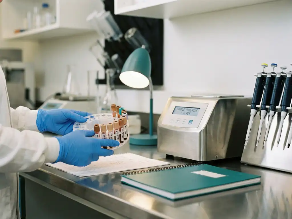 Gloved researcher holds sample tray of blood collection tubes with skin-tone caps beside lab instrument and pipettes