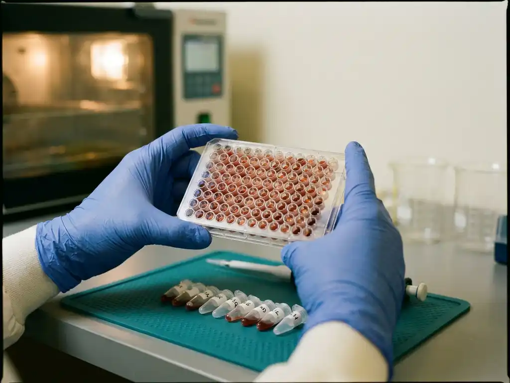Gloved scientist holding multi-well culture plate with human blood samples above lab bench with microtubes and pipette