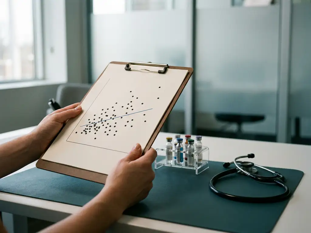 Clinician hand holds clipboard with scatter plot and trend line beside stethoscope and vial rack on teal desk, blurred office background
